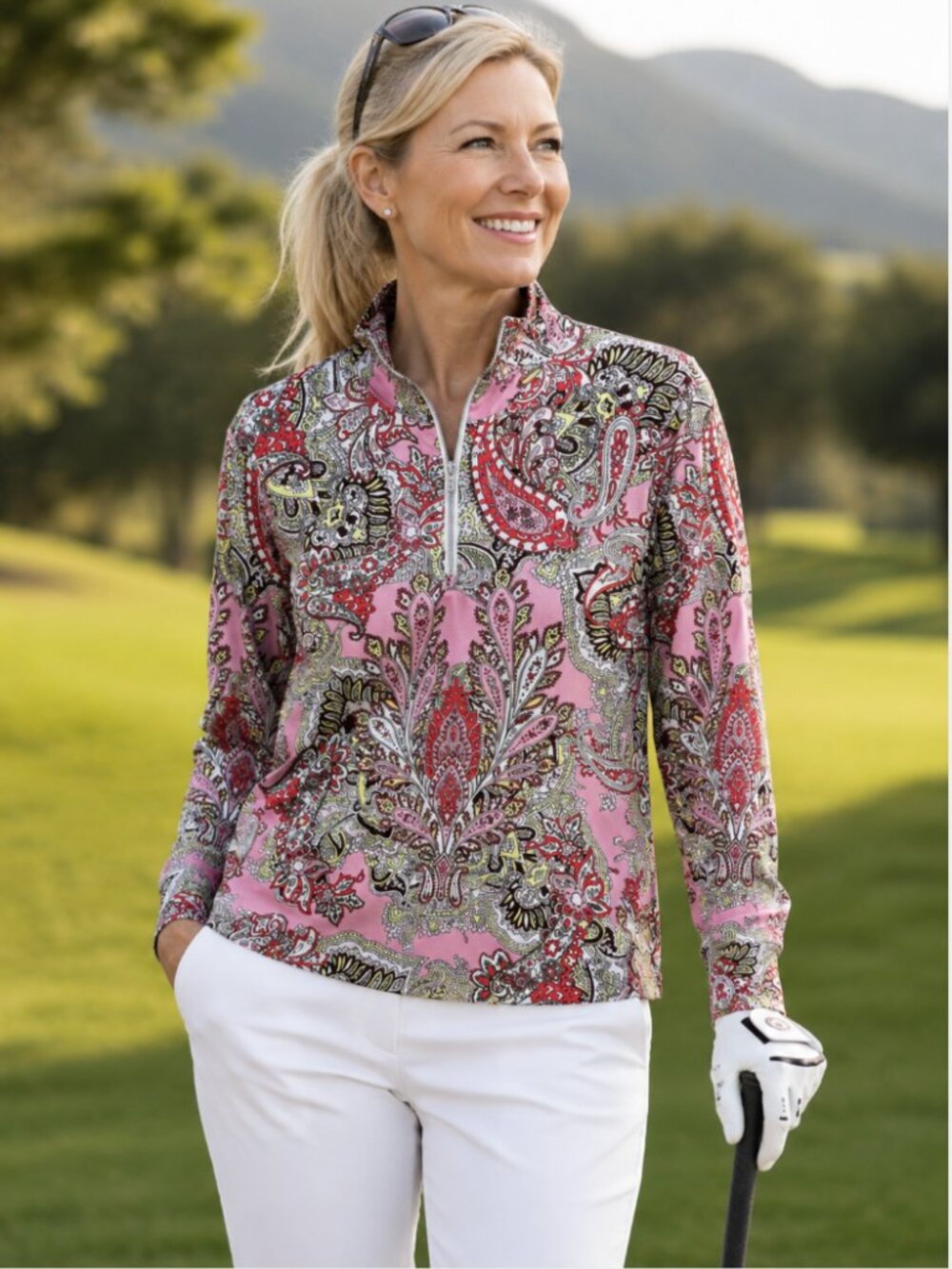 Acegolfs CEGOLFS Size M Pink Paisley 1/4 Zip Pullover UPF50+ Golf, Hiking